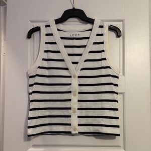LOFT Black and White Striped V-Neck Button Tank
